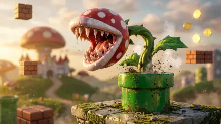 Close-up of a snarling piranha plant erupting from a green pipe among floating coins and brick blocks, rendered as a vibrant 5K Ultra HD PC desktop wallpaper and background.
