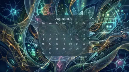August 2026 calendar overlay on a neon fractal circuitscape — intricate teal, gold and purple patterns; 5K Ultra HD PC desktop wallpaper and background.