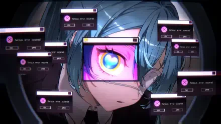 2K Quad HD desktop wallpaper of Vocaloid Hatsune Miku: anime girl with teal twin-tails, one eye a glowing heart behind a glitch window, surrounded by floating error dialog boxes.