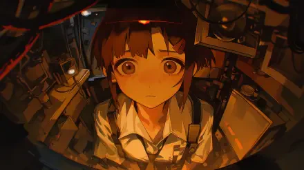 Retro anime-style 2K Quad HD desktop wallpaper of Lain Iwakura from Serial Experiments Lain, fisheye view of her in a dim, tangled tech-filled room bathed in warm orange light.