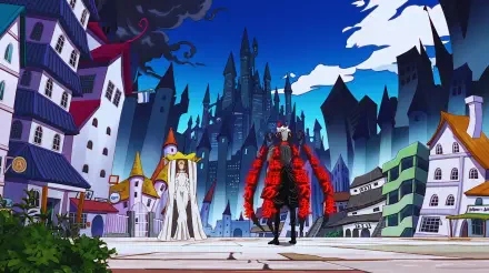 5K Ultra HD PC wallpaper: Fire Force anime scene of Shinra Kusakabe and Haumea (Fire Force) standing before a Soul Eater–style gothic castle, Shinra surrounded by red flame pillars.