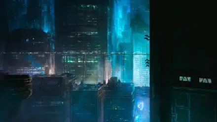 2K Quad HD PC desktop wallpaper of a neon-blue futuristic cityscape at night from Star Wars: Maul – Shadow Lord, with towering spires, glowing windows and reflective water.