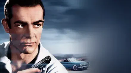 4K Ultra HD PC desktop wallpaper titled Dr. No: close-up of a stoic man holding a pistol, vintage convertible and misty seascape on a moody blue background.