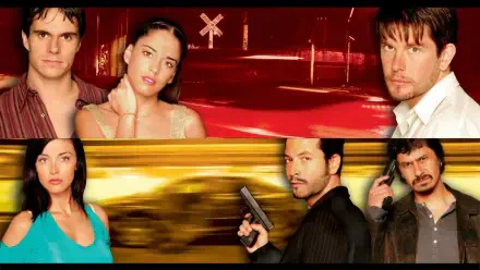 Matando Cabos 4K Ultra HD PC Desktop Wallpaper and Background - split red and yellow action montage of six characters, two men aim handguns amid motion blur and tense expressions.