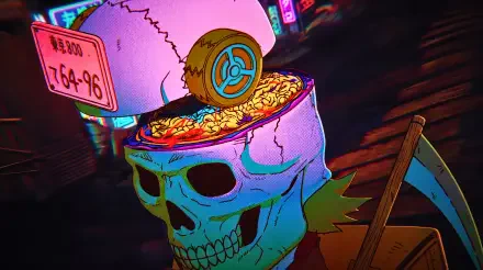 5K Ultra HD anime wallpaper of Ebisu (Dorohedoro): neon-lit skull with exposed brains and a coin, stylized cyberpunk street background in vivid colors for PC desktop.