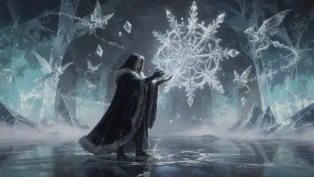 Cloaked figure conjures a glowing snowflake amid frozen trees and ice shards, spectral birds circling — 4K Ultra HD PC desktop wallpaper/background, ice magic.