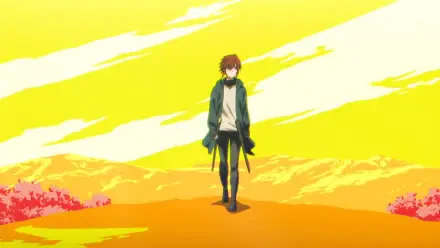 Anime HD PC desktop wallpaper of Arthur Leywin from The Beginning After The End walking across a glowing yellow landscape.
