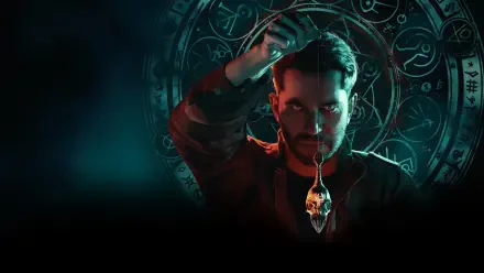 4K Ultra HD PC desktop wallpaper/background: video game occultist holds a suspended skull amulet before a glowing occult sigil, teal-and-red cinematic lighting and a shadowed face.