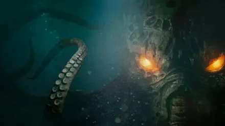 4K Ultra HD PC desktop wallpaper from video game Cthulhu: The Cosmic Abyss — glowing-eyed Cthulhu emerging from the dark ocean as massive kraken tentacles coil around it.