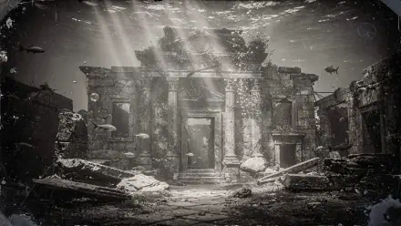 4K Ultra HD PC desktop wallpaper: atmospheric underwater ruins — ancient stone entrance, broken columns and scattered debris lit by shafts of sunlight, fish drifting through murky water.