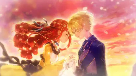 Anime HD desktop wallpaper from An Observation Log of My Fiancée Who Calls Herself a Villainess: Bertia Ibil Noches and Cecil Glo Alphasta touch foreheads and hold hands against a glowing sunset.