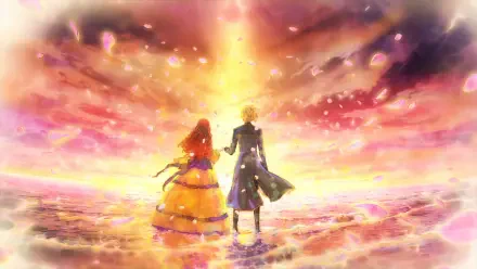 HD PC wallpaper: Bertia Ibil Noches and Cecil Glo Alphasta from the anime An Observation Log of My Fiancée Who Calls Herself a Villainess walk hand in hand toward a glowing sunset over a shimmering sea.
