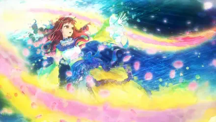 HD anime desktop wallpaper of Bertia Ibil Noches (An Observation Log of My Fiancée Who Calls Herself a Villainess): floating amid rainbow light trails, starry night sky, petals and a flowing gown.