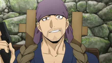 Anime HD PC desktop wallpaper from Daemons of the Shadow Realm — grinning, bearded man in a purple headscarf with braided hair and blue robe, set against a mossy stone wall background.