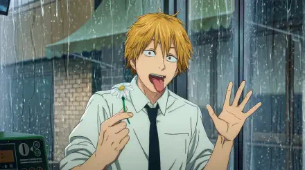 Chainsaw Man's Denji in shirt and tie, tongue out and waving while holding a daisy in the rain — funny anime 5K Ultra HD PC desktop wallpaper/background.