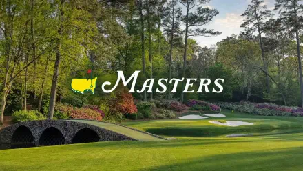 4K Ultra HD PC desktop wallpaper and background featuring The Masters sports logo over a sunlit golf course — arched stone bridge, manicured fairway and azaleas.