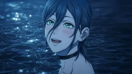 Reze (Chainsaw Man) smiling in a moonlit pool, teal eyes glistening — 5K Ultra HD anime girl desktop wallpaper.