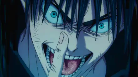 Megumi Fushiguro (Jujutsu Kaisen 3rd Season) close-up with a manic grin and glowing blue eyes, finger to lips — anime 5K Ultra HD PC desktop wallpaper/background.