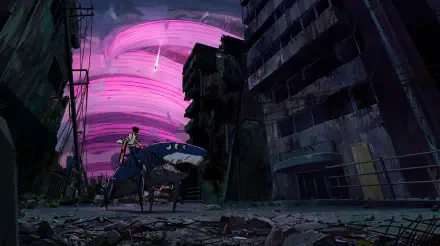 Chainsaw Man scene: Beam (Chainsaw Man) beside the protagonist as a swirling typhoon-devil whirlwind tears through a ruined city — 5K Ultra HD anime PC desktop wallpaper/background.