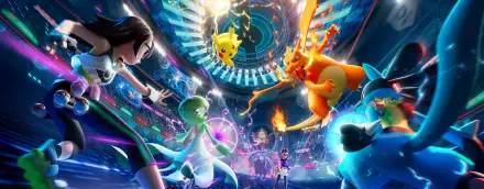 4K Ultra HD video game wallpaper: Pikachu and Charizard clash mid-air with trainers and other Pokémon in a glowing Pokémon Champions stadium, dynamic battle scene for PC desktop.