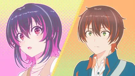 HD anime desktop wallpaper from I Made Friends with the Second Prettiest Girl in My Class, showing Umi Asanagi (purple-haired) and Maki Maehara (brown-haired) side-by-side on a pastel split background.