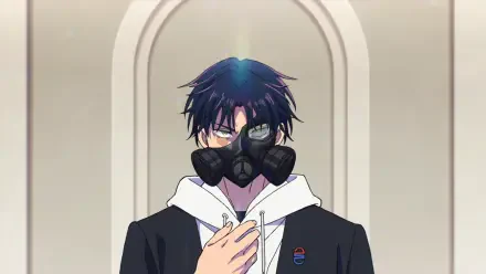 HD PC desktop anime wallpaper by Hikaru Gero showing Mei Kinosaki from Marriagetoxin: dark-haired figure in a gas mask and hoodie, hand to chest beneath a pale arched background.