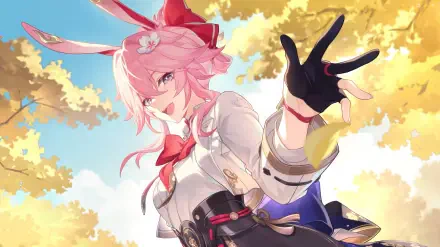 HD PC desktop wallpaper of Evanescia from Honkai: Star Rail, pink-haired and smiling, reaching out in a white-and-red outfit against a glowing golden autumn sky.