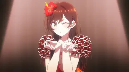 HD PC desktop wallpaper of Chizuru Ichinose (Rent-A-Girlfriend): anime portrait winking and blowing a kiss, wearing a ruffled red dress and a flower hair accessory.