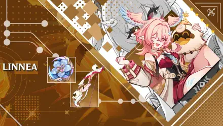 4K Ultra HD PC desktop wallpaper of Linnea from the video game Genshin Impact: pink-haired, fox-eared character in ornate outfit against a stylized golden geometric background.