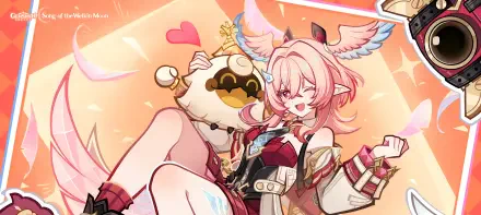2K Quad HD PC desktop wallpaper of Linnea (Genshin Impact) from the video game, smiling and hugging a round mascot plush amid warm pastel-orange tones and floating hearts.