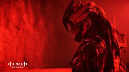 Horizon Forbidden West video game 4K Ultra HD PC desktop wallpaper background: red‑lit armored figure in a horned helmet, side profile against a textured crimson backdrop.