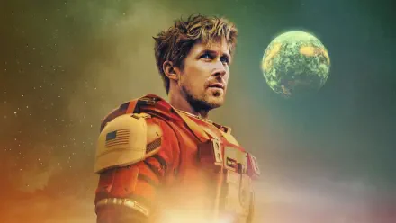 4K Ultra HD PC desktop wallpaper from the movie Project Hail Mary: a lead actor in an orange spacesuit gazes toward a distant green planet against a hazy, star-speckled space backdrop.