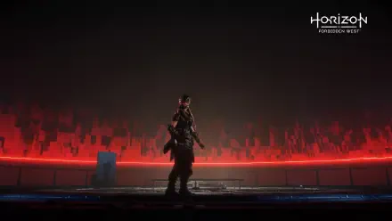 4K Ultra HD PC desktop wallpaper — Horizon Zero Dawn: lone armored hunter silhouetted on a platform against a glowing red cityscape.