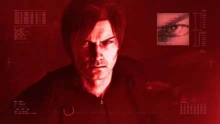 Resident Evil Requiem — Leon S. Kennedy red-tinted close-up with HUD overlays. 2K Quad HD PC desktop wallpaper/background.