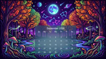 Vivid psychedelic forest and mushroom scene under a glowing moon and constellations with an overlaid September 2026 calendar — 5K Ultra HD PC desktop wallpaper/background.