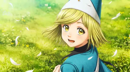 Coco from Witch Hat Atelier smiling in a sunlit meadow, cute anime witch girl in blue hat and cloak — fantasy portrait, 5K Ultra HD PC desktop wallpaper and background.