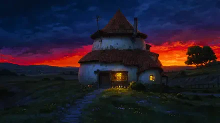 Witch Hat Atelier–style anime cottagecore scene: warm-lit round house with wildflowers, sitting on a hill as a fantasy sunset floods rolling hills — 5K Ultra HD PC desktop wallpaper.