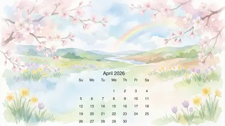 April 2026 calendar 5K Ultra HD PC desktop wallpaper: pastel spring scene with cherry blossoms, rainbow and wildflowers framing the month grid.