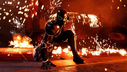 Spider-Man (PS4) in a black suit crouches on a fiery street surrounded by sparks and flames — 4K Ultra HD video game PC desktop wallpaper/background.