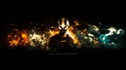 Black anime–style 2K Quad HD desktop wallpaper of Aang (Avatar) from The Legend of Aang: The Last Airbender, glowing silhouette amid swirling fire, water and earth elements.