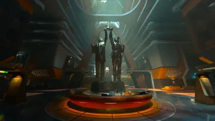 Video game — Call of Duty: Black Ops 6 4K Ultra HD PC wallpaper: dim futuristic hall with two armored statues on a circular platform, sci‑fi lighting and orange accents.