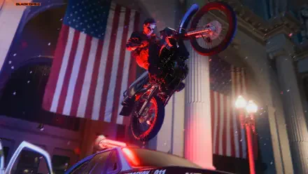 4K Ultra HD PC desktop wallpaper for Call of Duty: Black Ops 6 — masked rider rockets a dirt bike over a police cruiser inside a flag-draped grand hall lit in red and blue.