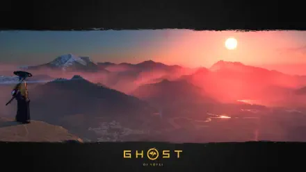 4K Ultra HD PC desktop wallpaper for the video game Ghost of Yōtei: lone samurai gazes over misty volcanic peaks at sunset, game logo centered.