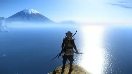 4K Ultra HD PC desktop wallpaper & background from Ghost of Yōtei video game: lone samurai on a cliff gazes across a sunlit sea toward a distant snow-capped Mount Yōtei.