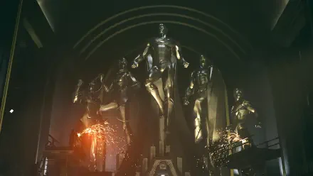 4K Ultra HD PC desktop wallpaper from the video game Suicide Squad: Kill the Justice League — towering golden Justice League statues in a dark hall, one cracked and emitting sparks.