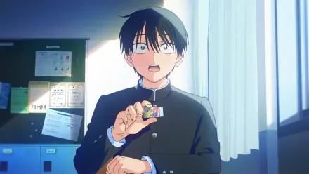 Anime HD PC desktop wallpaper: surprised male student in black uniform holding a tiny figurine in a sunlit classroom — Gals Can't Be Kind to Otaku!? by Takuya Seo.