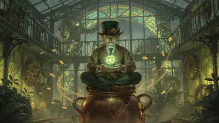 4K Ultra HD PC desktop wallpaper: steampunk leprechaun in a top hat levitates over a copper cauldron, holding a glowing shamrock amid gears and hanging coins in a glass atrium.