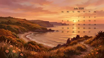July 2026 calendar over a golden coastal sunset scene with cliffs, sandy bay and wildflowers — 5K Ultra HD PC desktop wallpaper and background.