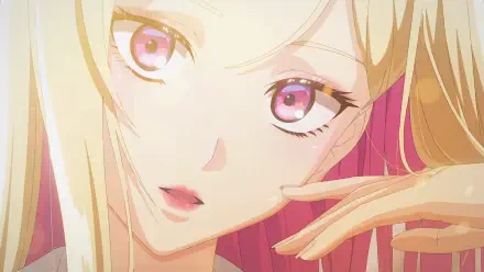 HD PC desktop wallpaper: close-up anime portrait of Noren Mitsuoka from KILL BLUE — blonde hair, pink eyes, soft warm lighting, hand near face.