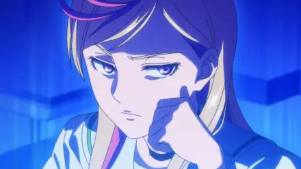 Anime HD PC desktop wallpaper of Noren Mitsuoka from KILL BLUE: close-up of a blue-lit, pensive female character resting her chin on her hand.